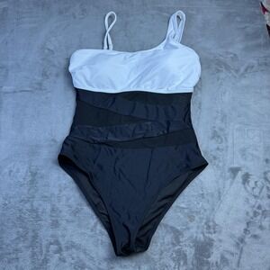 Blooming Jelly Swimsuit Womens Large Black White One Piece Ruched Colorblock New